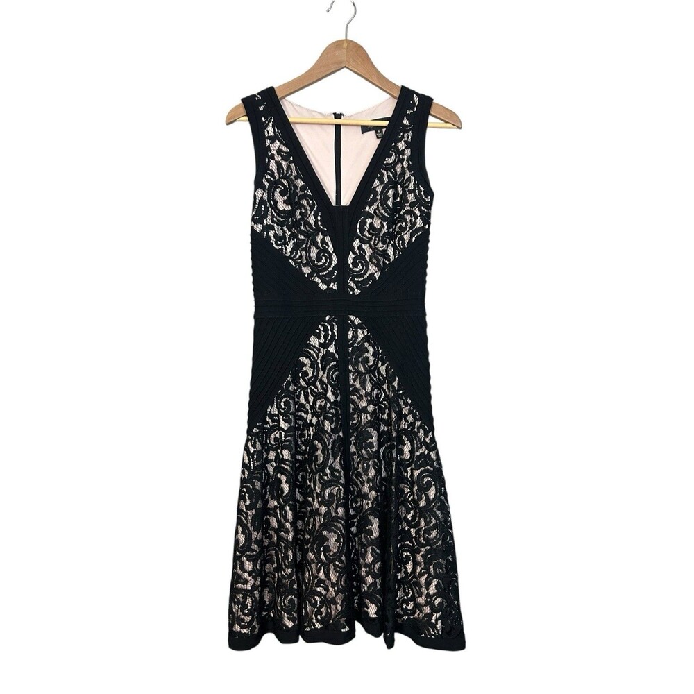 Tadashi Shoji Womens Size 4 Black Lace Fit & Flare Midi Cocktail Party Dress